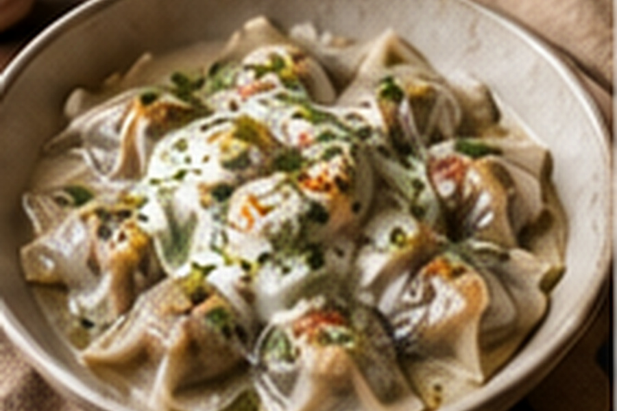 Afghan ashak dumplings with yogurt and tomato sauce