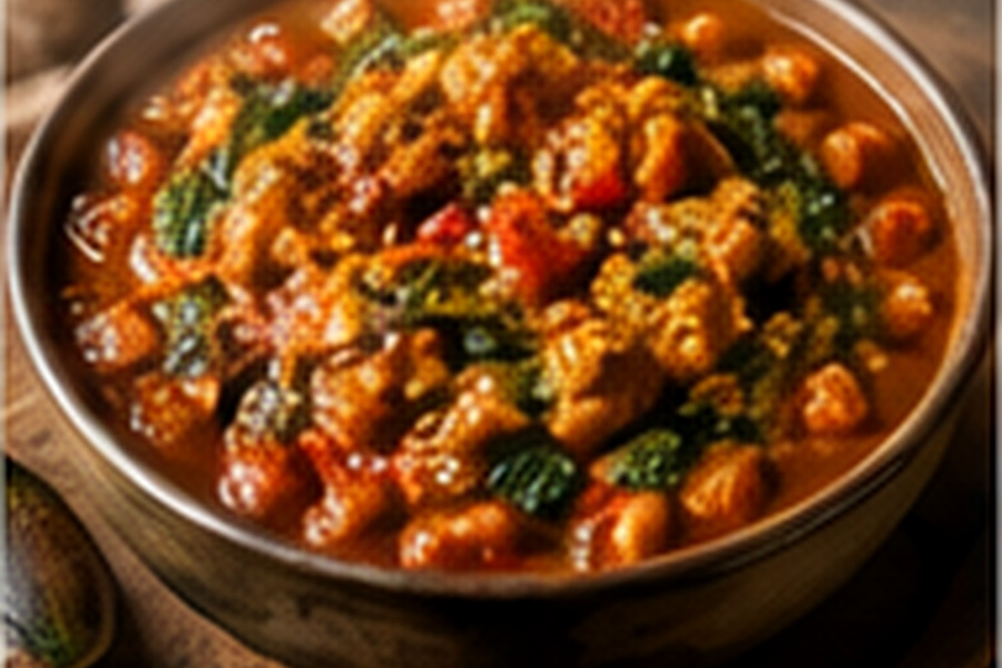 West African inspired groundnut stew with peanut tomato sweet potato and greens